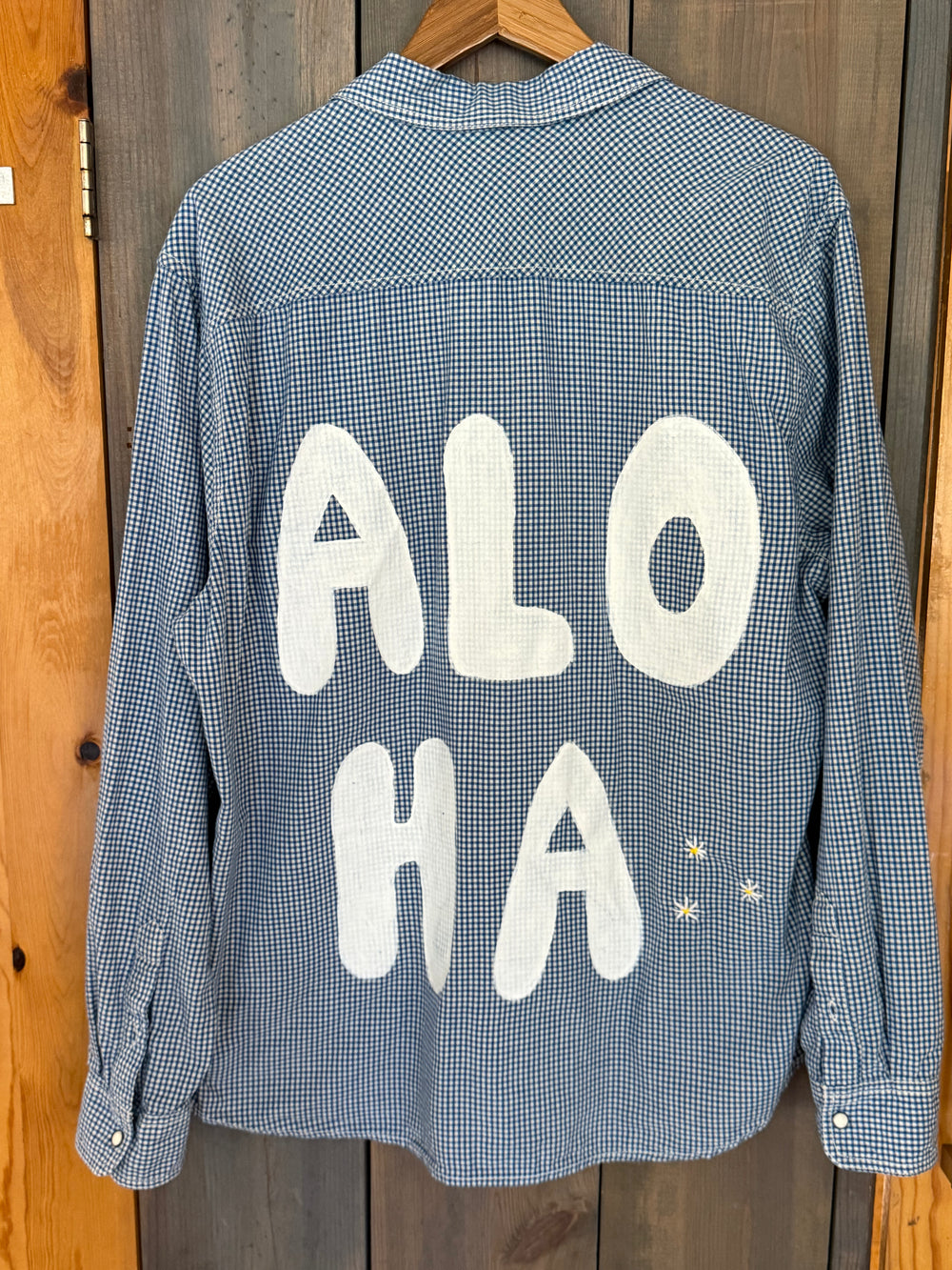 White Hand Painted ALOHA on Gingham