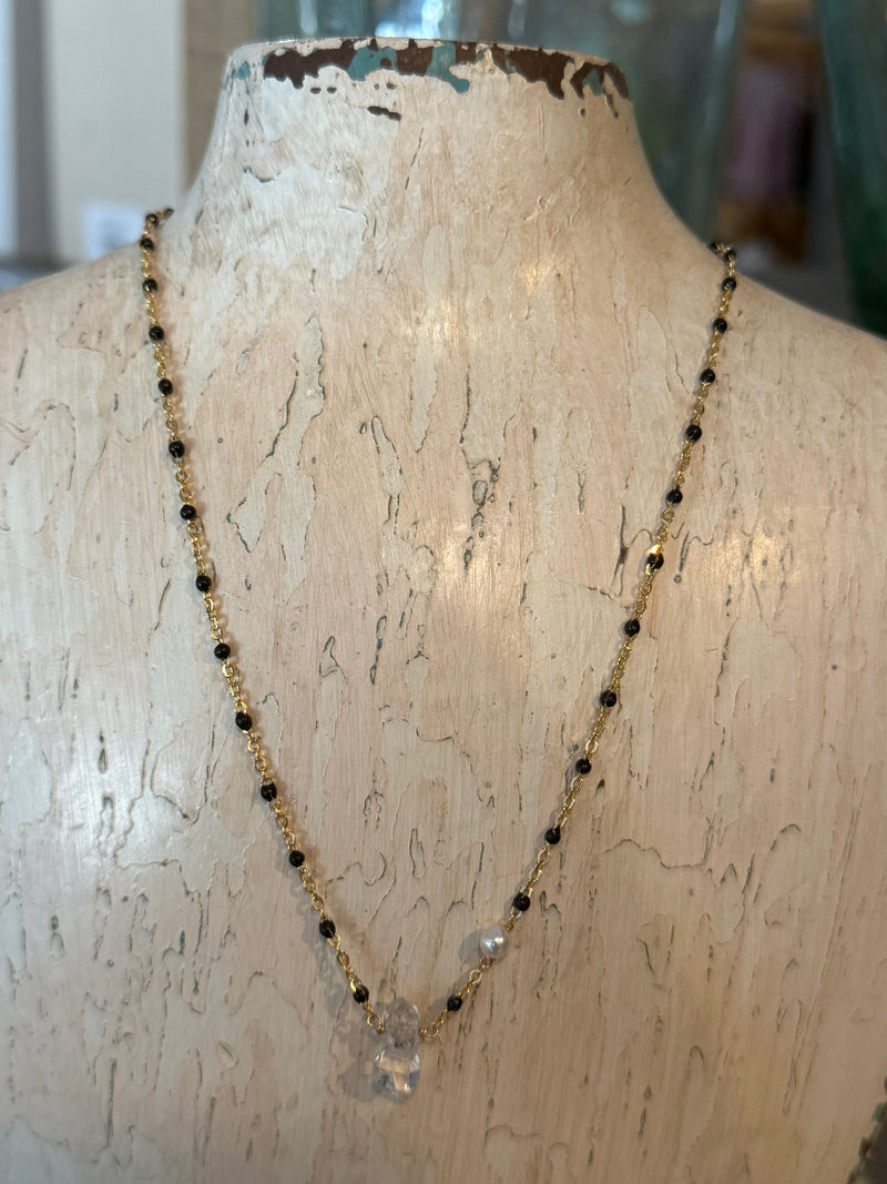 Enamel Herkimer Charm Necklace - Black
