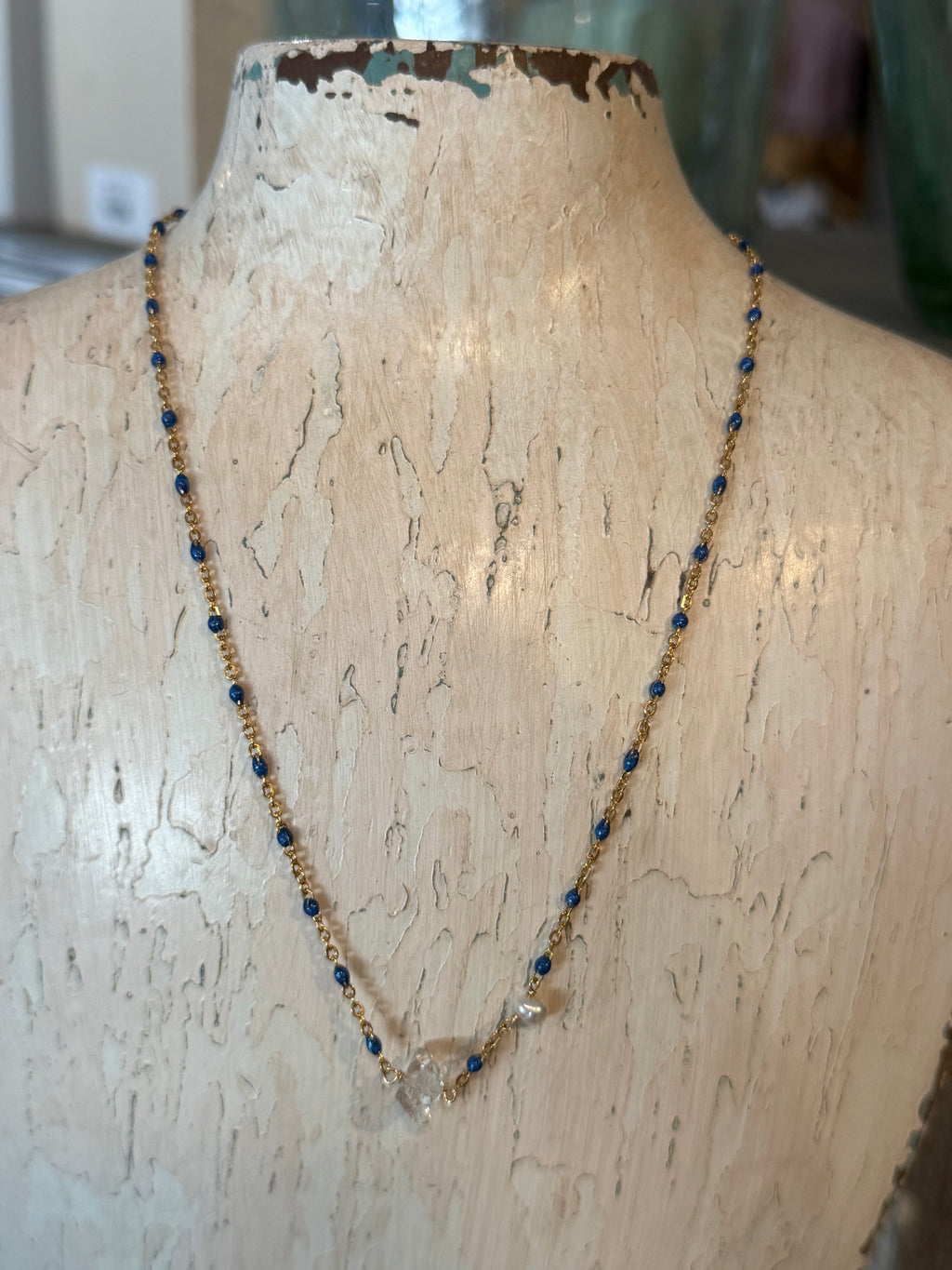 Enamel Herkimer Charm Necklace - Blue