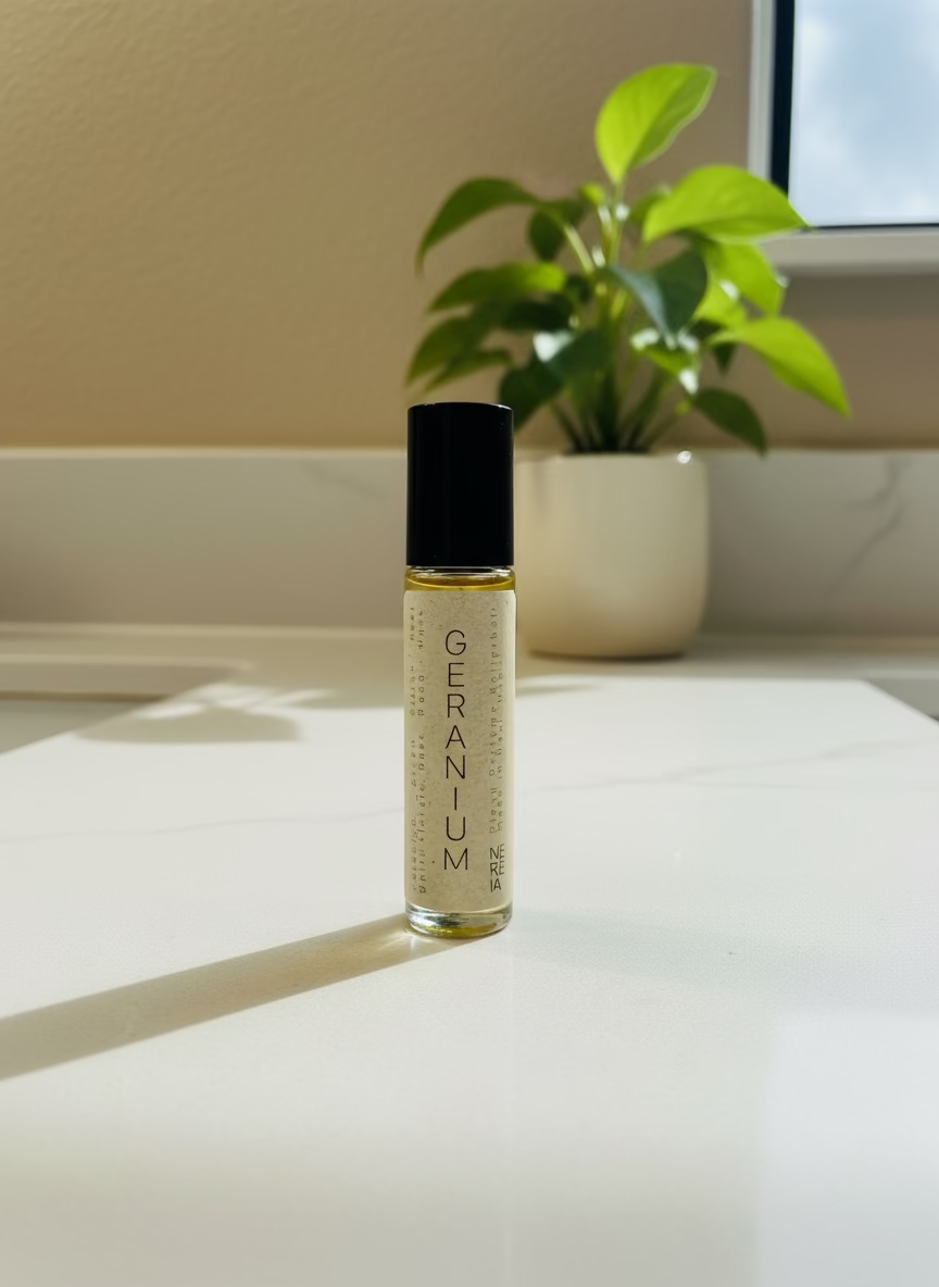 Roll-on bottle of geranium perfume oil on a wooden surface with a neutral background