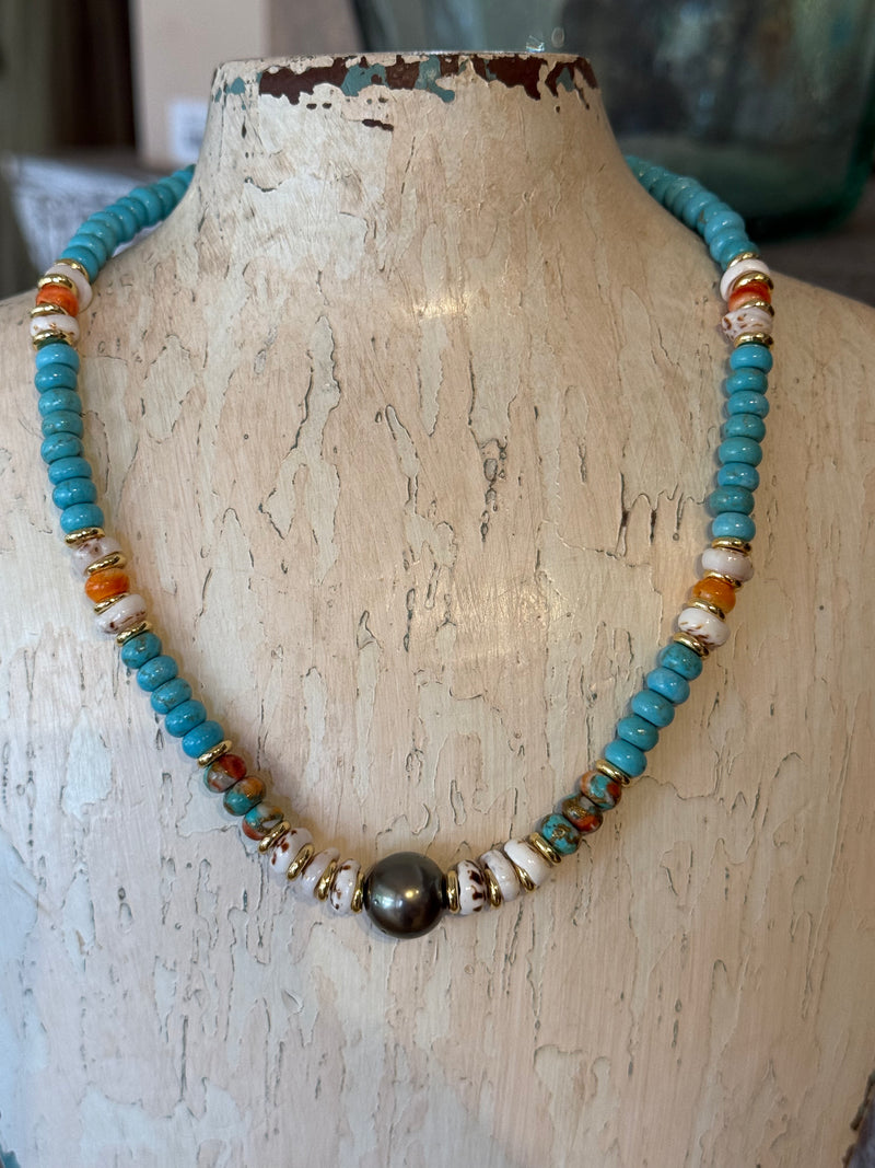 Turquoise Pukas and Pearl Necklace