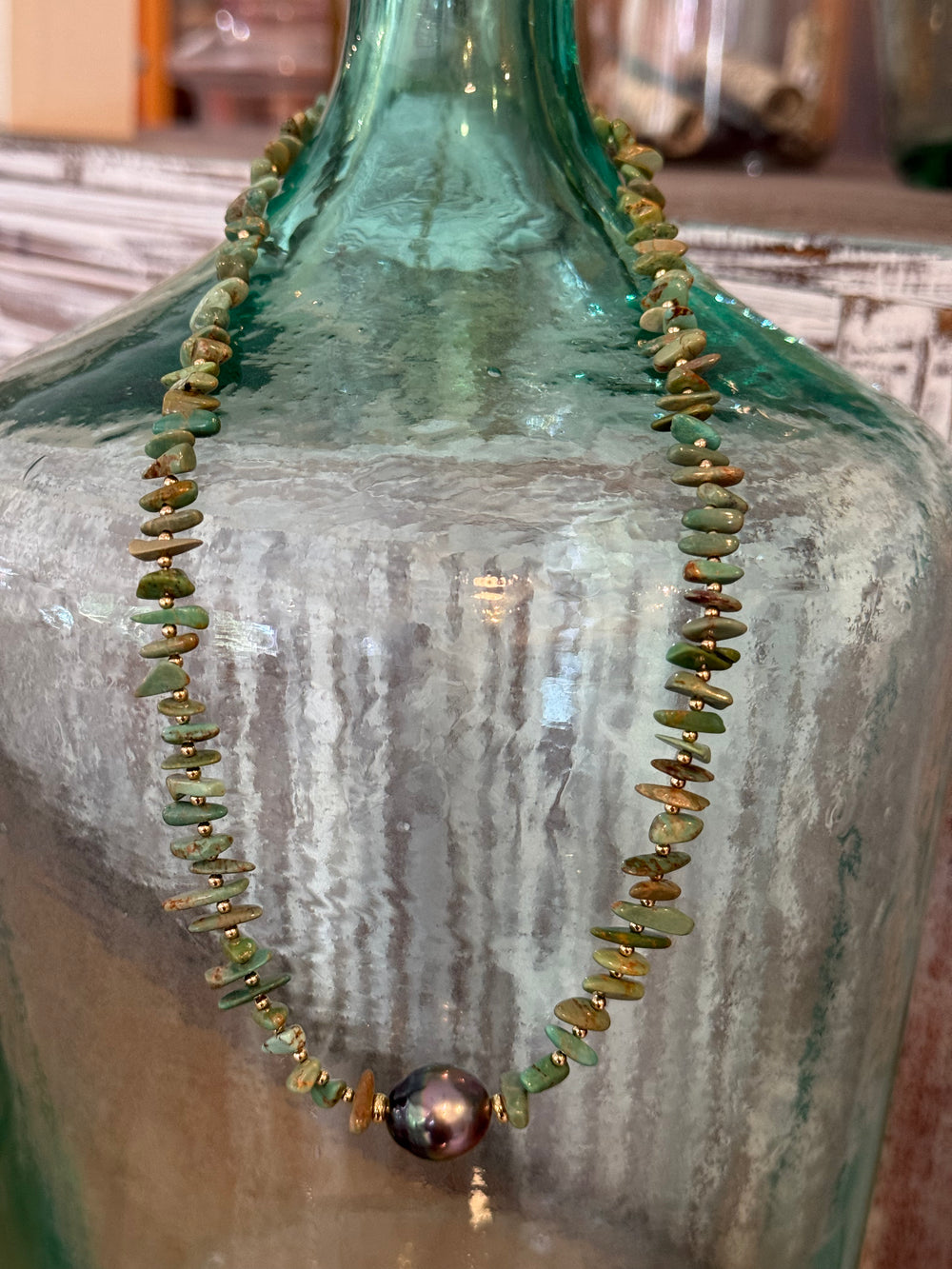 Green Turquoise and Tahitian Pearl 16-18