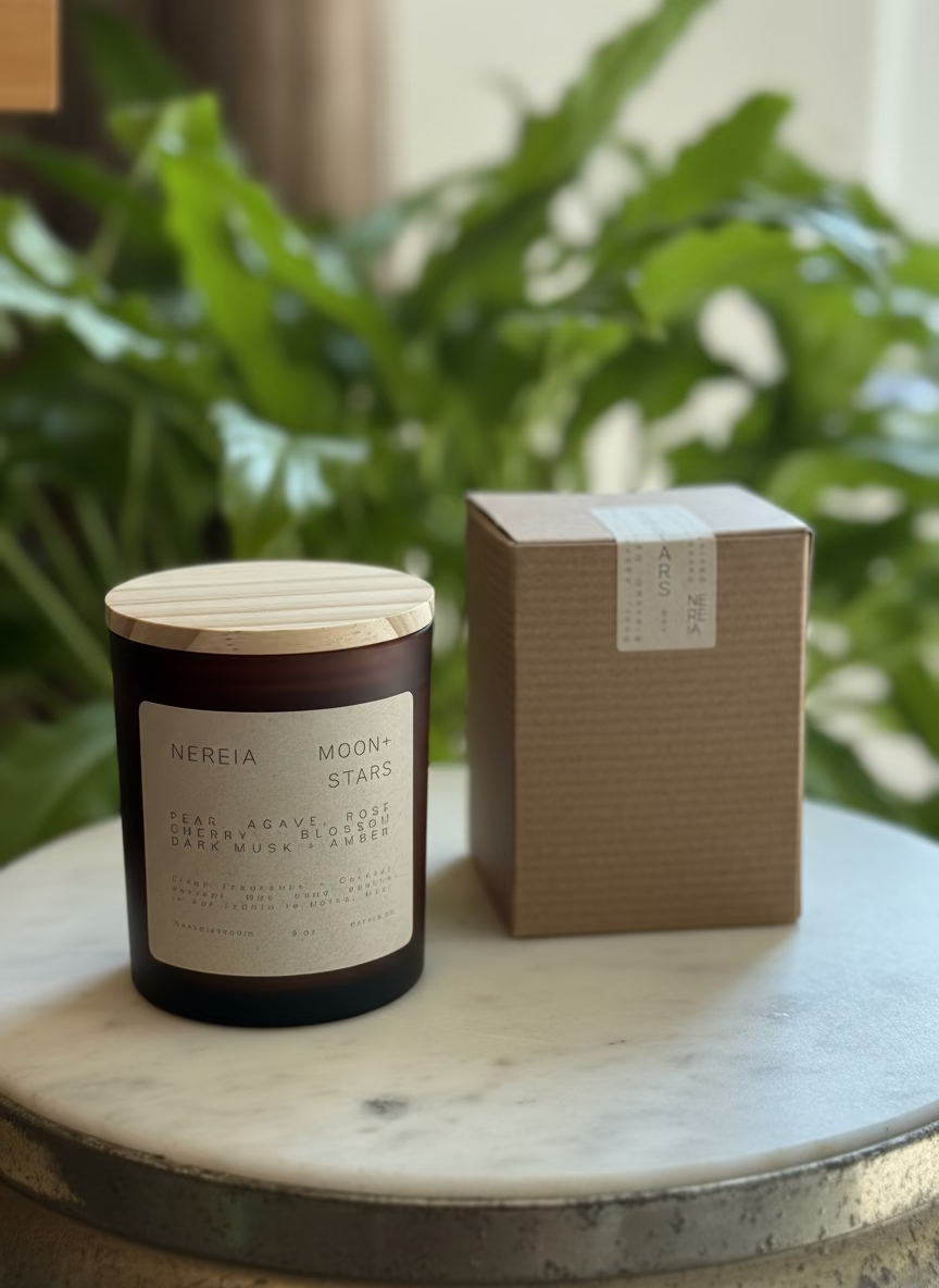 Candle with wooden lid and packaging box on a marble surface