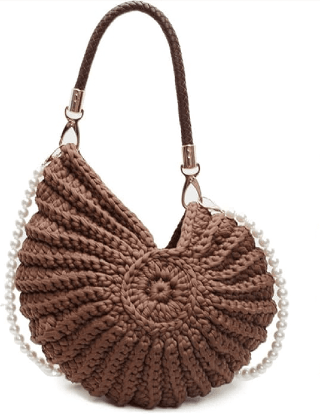 brown crochet seashell nah with pearl strap