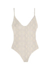 Beige sake print bodysuit on a white background