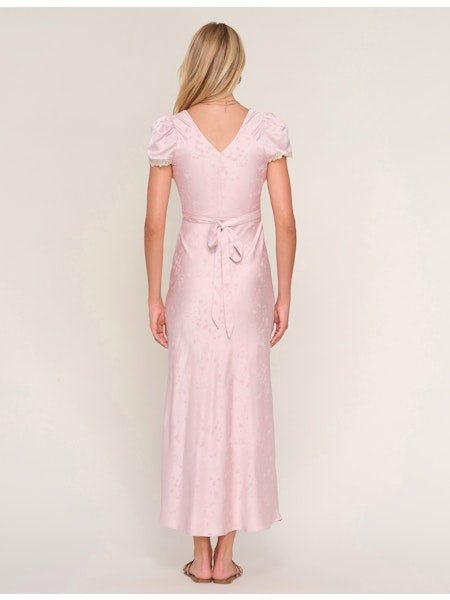 pink satin floral lace midi dress