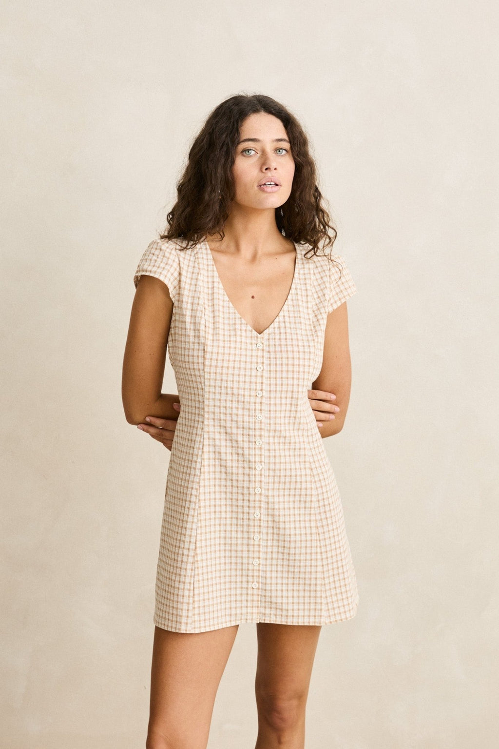 capped sleeve mini dress London Check Cap Natural / LARGE Color:799 Beach Wedding Dress The non Carla Lace Dress |