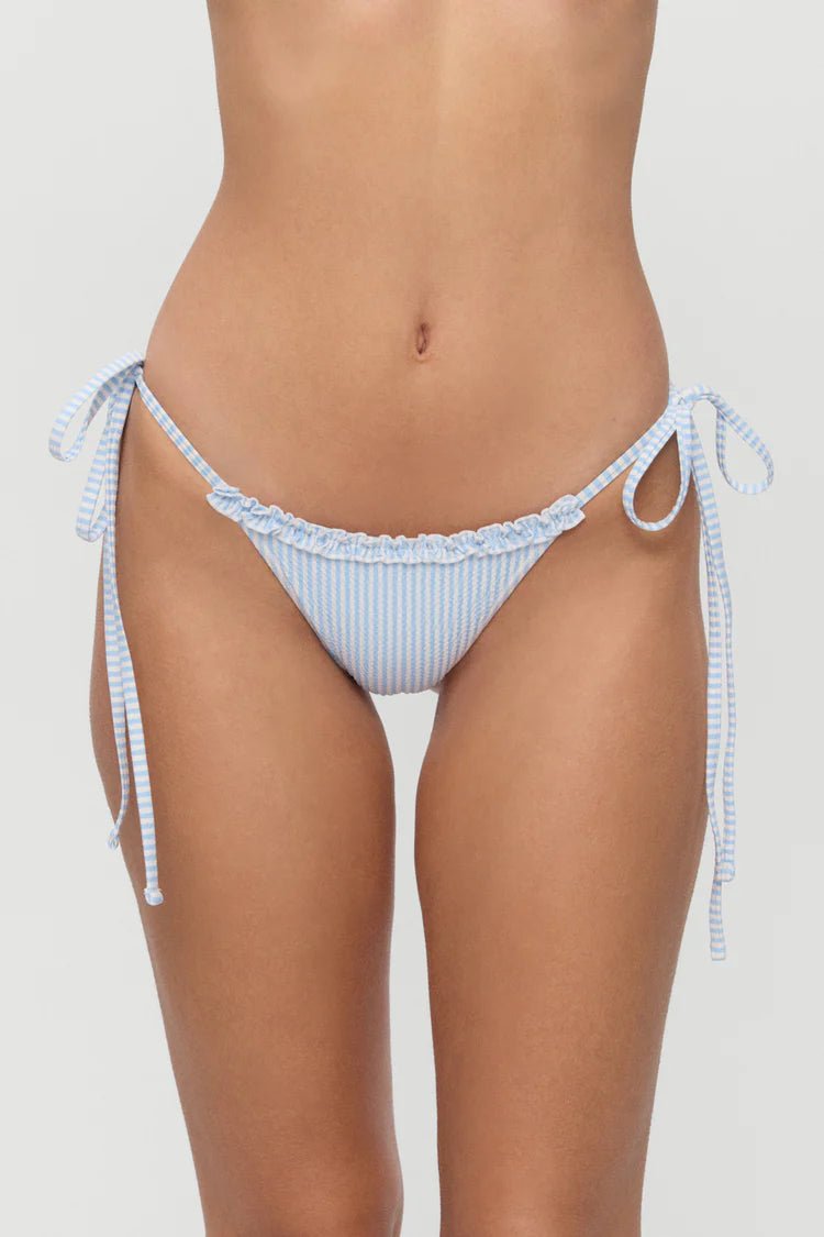 blue ruffle white blue striped side tie bikini bottoms 