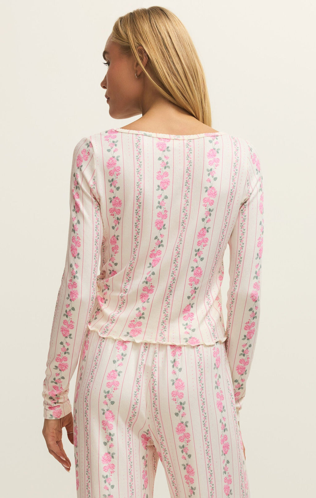 pink white floral scoop neck long sleeve pajama top