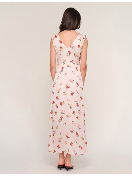 pink floral satin v neck midi dress