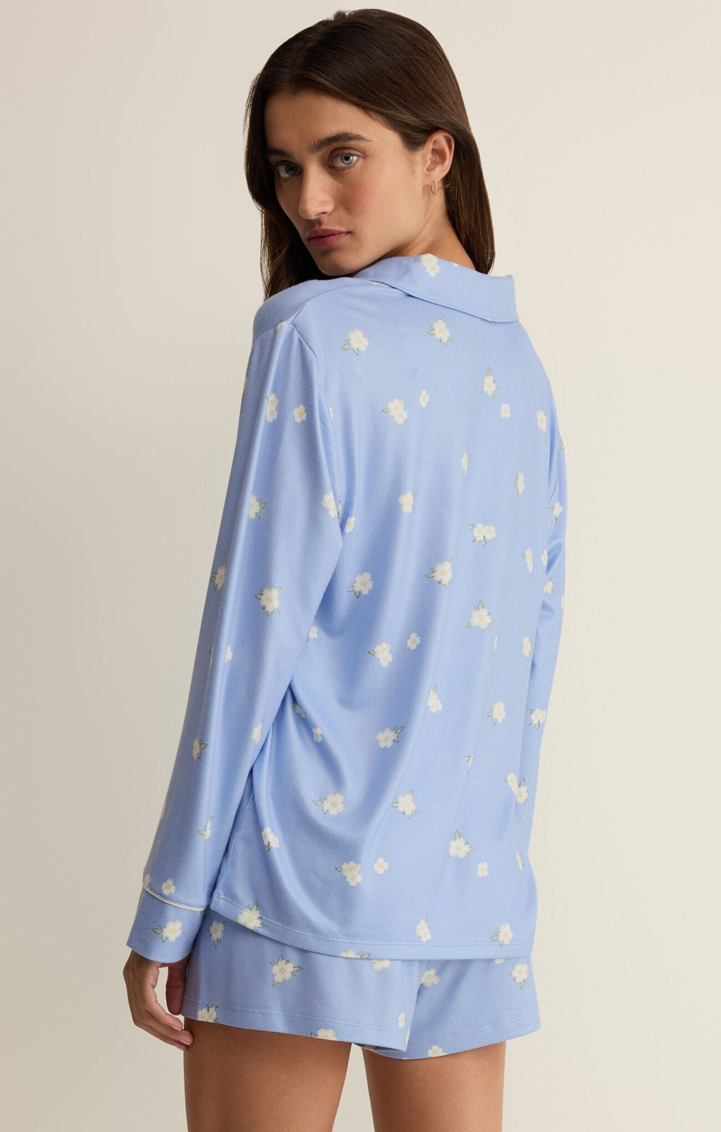 blue button down pajama top white flowers
