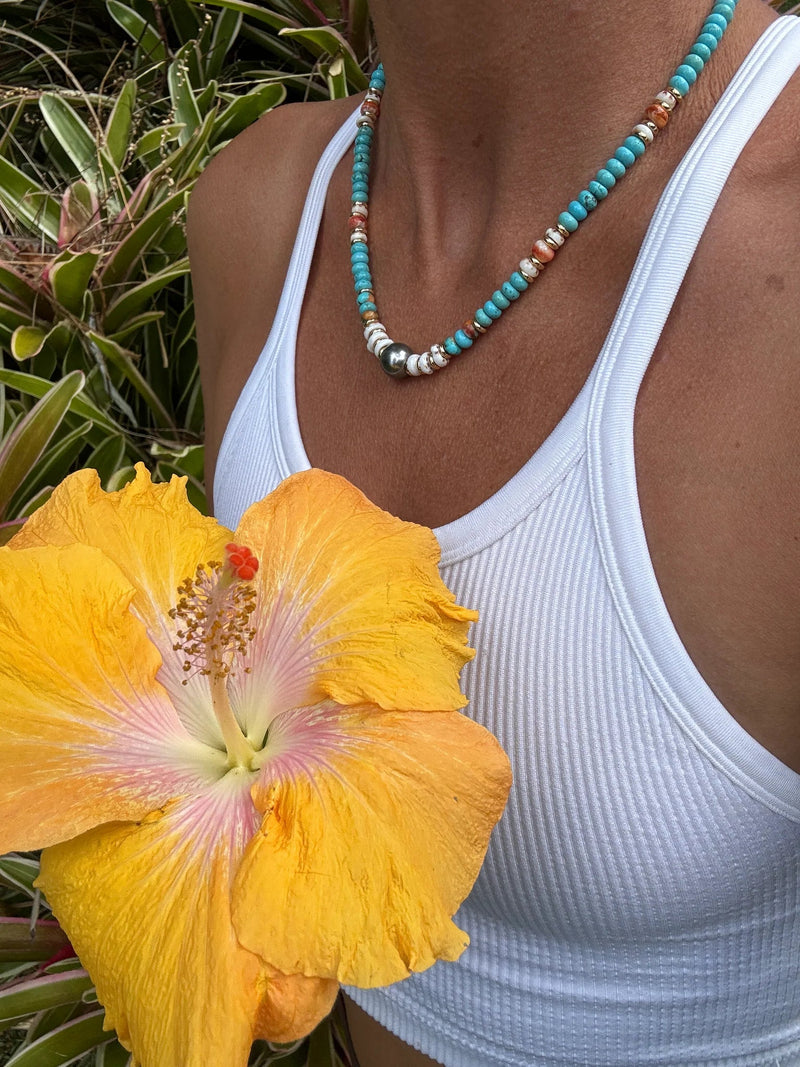 Turquoise Pukas and Pearl Necklace